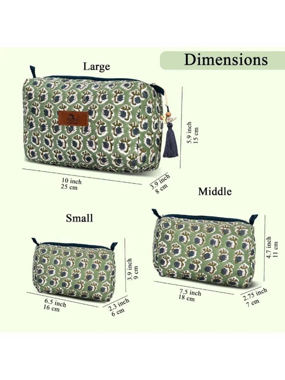 Set of 3 Hand Block Print Toiletry Bags - 100% Cotton, Basil Green Design